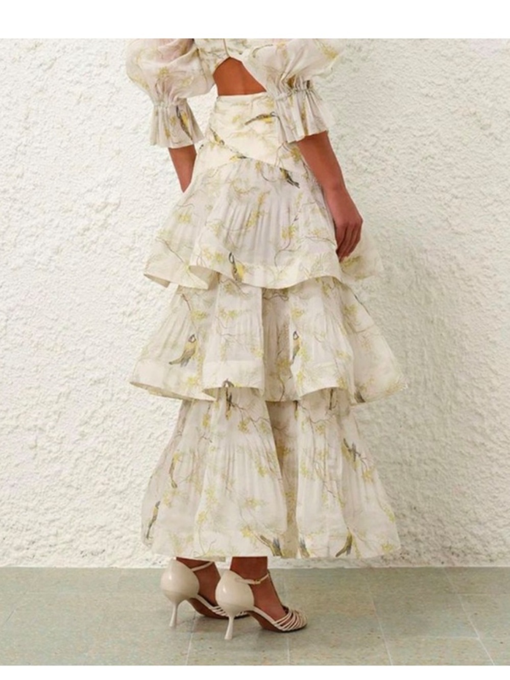 Zimmermann Cream and Pale Yellow Floral Tiered Maxi Skirt
